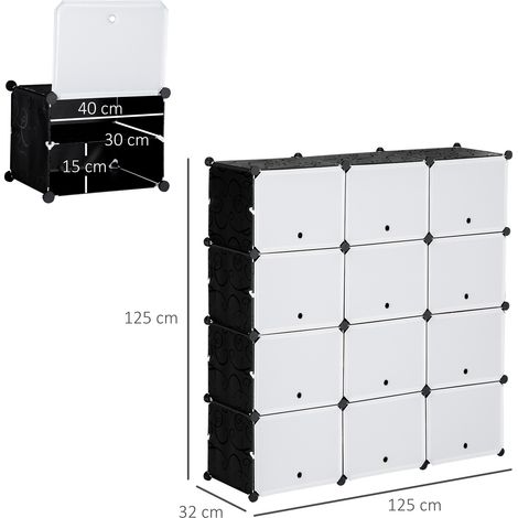 Étagère à chaussures 12 casiers, meuble modulaire autoportant avec portes, matériaux PVC et métal, teinte bicolore anthracite/blanc, dimensions 125x32x125 cm (1/5)