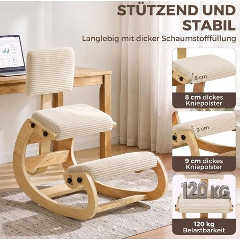 Chaise ergonomique à genoux avec dossier, assise inclinée et fonction balancier, velours côtelé blanc crème, coussin pour genoux 48 cm, jusqu'à 120 kg – CHICFURN (1/5)