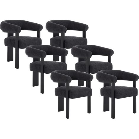 Lot de 6 chaises avec accoudoirs en tissu bouclette et bois d'hévéa noir - Anthracite foncé - LIVELIA de Pascal MORABITO (1/5)