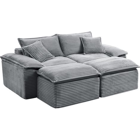 Divano letto 2 posti con pouf in tessuto corduroy grigio 206 x 158 x 88 cm (1/5)