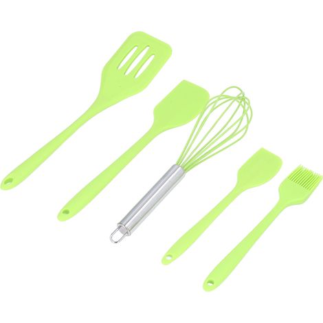 Set de 5 ustensiles de cuisine en silicone vert : fouet, spatule, pelle à steak, écumoire et racloir pour pâtisserie et cuisson. (1/5)