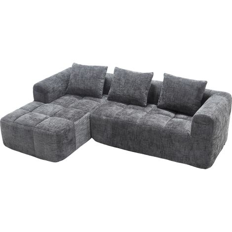 Canapé sectionnel moderne en L, canapé 3 places, sans installation, canapé en chenille avec chaise longue et accoudoirs, 3 coussins, poche latérale pour télécommande, gris (1/5)