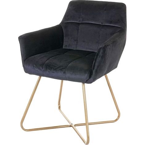 Chaise de salle à manger bureau fauteuio lounge design rétro en tissu velours noir pieds doré FAL04040