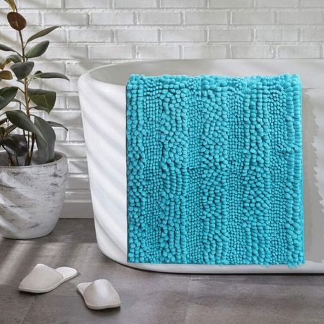 Set of chenille bath mats, soft, non-slip, rectangular, absorbent, durable long pile for bathtub, shower, bathroom, toilet (blue, 1 set) (1/5)