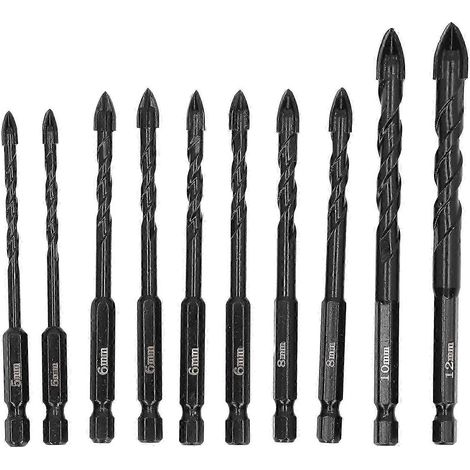 10 forets à vis cruciformes à 3 cannelures en carbure cémenté pour maçonnerie, avec queue hexagonale (1/5)