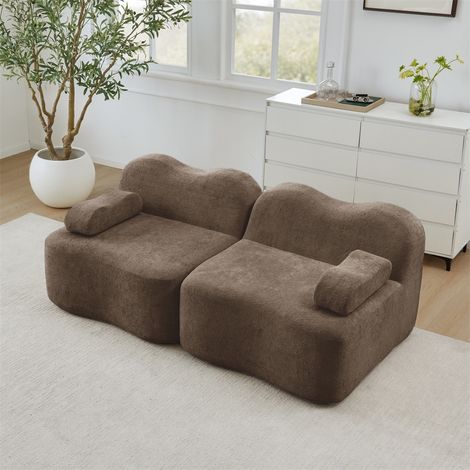 Canapé Modulaire 2 Places au Design Ondulé - 192x98x70cm - Mousse 32D Haute Densité et Assise Profonde en Velours - Marron (1/5)