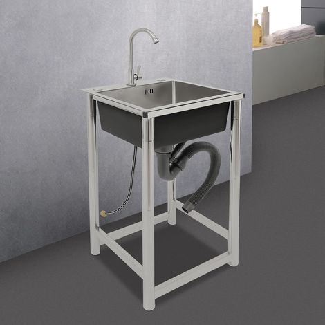 Évier Commercial Inox, Plonge Professionnel Autoportant, Grand Bac Profond 35cm, Évier Cuisine sur Pied Inox 201 avec Robinet 360° et Panier Filtre, pour Restaurant Food Truck Jardin Garage 50x50x93cm (1/5)