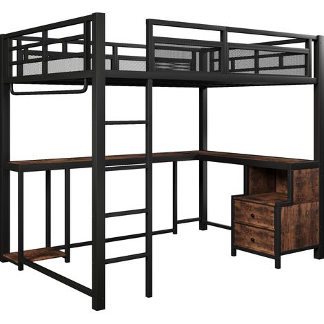 Metall-Hochbett 140x200 cm mit Schreibtisch, LED-Beleuchtung, USB-Anschluss und Stauraum (1/5)