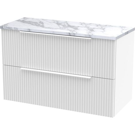 Tixall Fluted 2 Drawer Wall Hung Vanity Unit with Laminate Worktop, Satin White, 800mm