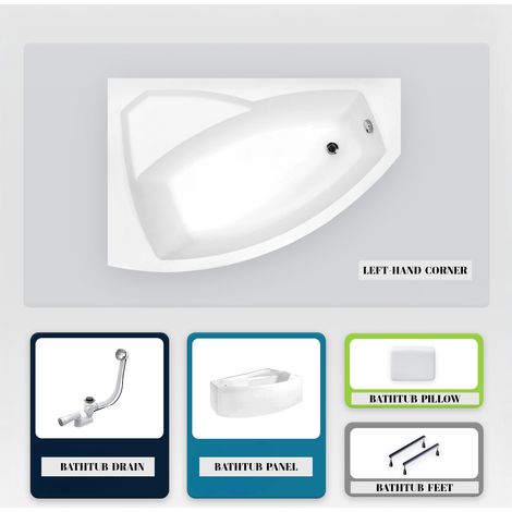 Asymmetrische Badewanne - 140 x 90 cm - Links - mit Verkleidung - mit Füßen - Kopfstütze - Ablaufgarnitur Chrom - RIMA