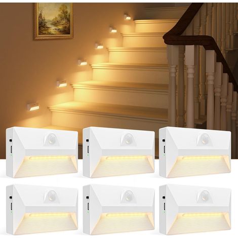 Lot de 6 lampes d'escalier rechargeables à détecteur de mouvement, veilleuses 3 modes et 3 températures de couleur, lampes magnétiques adhésives rechargeables pour escaliers, couloirs, placards (blanc (1/5)