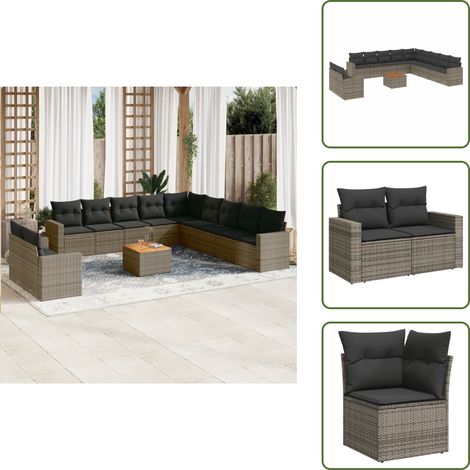 The Living Store Salon de jardin avec coussins 12 pcs gris résine tressée - Salon De Jardin - Mobilier Extérieur - Set Salon De Jardin - Résine Tressée - Rotin Synthétique (1/5)