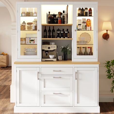 Meuble de cuisine avec éclairage LED 185 x 140 x 40 cm , 3 tiroirs, plan de travail, étagères réglables, blanc (1/5)