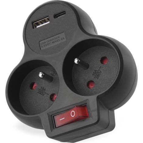 Multiprise avec 2 Ports USB et Interrupteur, Double Prise avec Port USB-A et USB-C Max. 3,4 A/17 W - Bouton on/Off - IP20 pour l'intérieur - Noir - 250 V/16 A/3680 W (1/5)