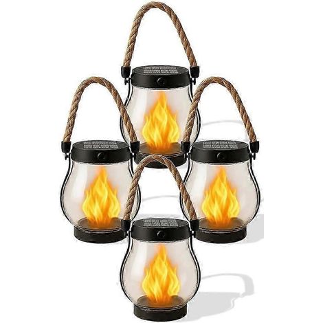 Lot de 4 lampes solaires d'extérieur, étanches, effet flamme dansante, compatibles avec la décoration de jardin et de terrasse. (1/5)