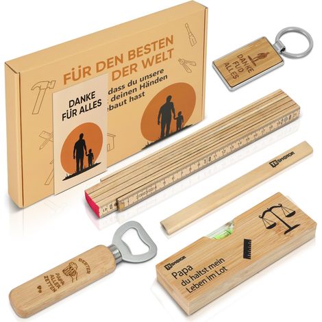 Coffret cadeau pour papa - 6 pièces avec règle pliante, décapsuleur, crayon, porte-clés, niveau à bulle et carte de vœux - Idée cadeau pour la fête des pères, anniversaire, Noël (1/5)