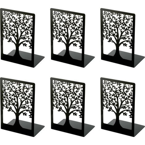 6 pièces de serre-livres en métal - Serre-livres noir avec motif en forme d'arbre de vie, support de livres pour bureau école maison bibliothèque (17.5x12x8.5cm) (1/4)