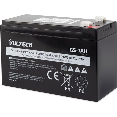 Vultech Batería Hermética de Plomo AGM VRLA 12V 7Ah Faston F2 para UPS, Alarmas y Videovigilancia