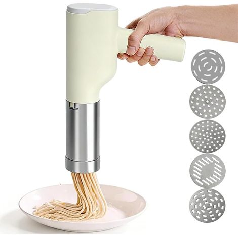 Portable Electric Pasta Machine, Automatic Refillable Pasta Machine with 5 Stainless Steel Molds and 20s Fast Pasta Measuring Cup for Homemade Noodles, Spaghetti, Macaroni (1/5)