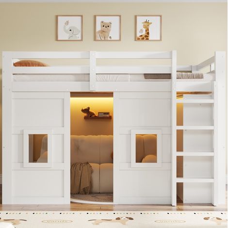 Lit mezzanine moderne en bois blanc 140x200 cm avec armoire intégrée, 2 fenêtres, LED et sommier à lattes (1/5)