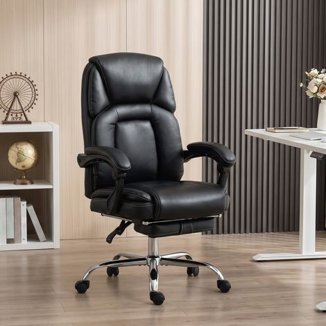 Chaise de Bureau Inclinable avec Repose-pieds Escamotable en Cuir PU, Charge Maximale 120 kg, Noir (1/5)