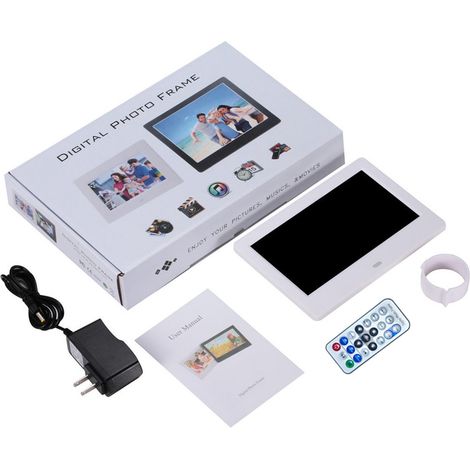 Cadre photo numérique 7 pouces, écran tactile HD 1080p IPS, lecture de photos, vidéos, calendrier, musique et publicités, format 16:9, compatible avec les cartes mémoire jusqu'à 32 Go. (1/5)