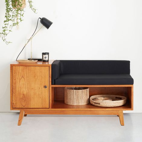 Banc en mindi massif avec coussins noirs