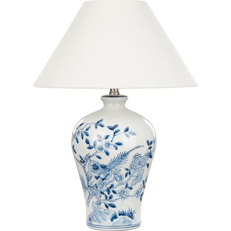 Lámpara de mesa clásica con pantalla de tela de lino blanco y base de porcelana azul 55 cm Magros