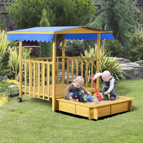 Sandkasten Sandkasten mit Spielhaus Sandkasten mit Dach, 133 x 129 x 137, 5 cm, Natur + Blau
