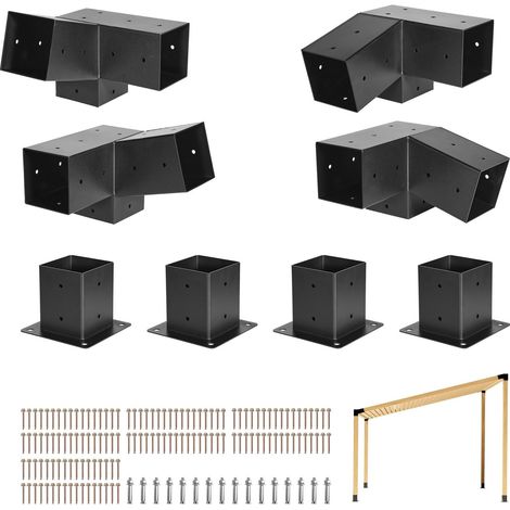 Kit Support de Pergola, Lot de 8, Support de Poteau Bois 92x92 mm, Supports d'Angle à 3 Voies, avec 4 Bases de Poteaux, pour Poutres Bois Standard à Toit Incliné, Banquet de Fête en Plein Air (1/5)