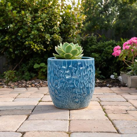 Pot en céramique bleu profond Ø18 cm avec relief martelé (1/5)
