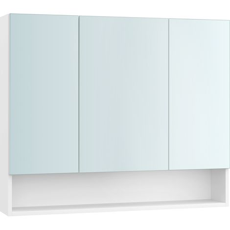 Vasagle – Armoire murale de salle de bain – 3 portes miroir – Compartiment ouvert – Étagères réglables – Dimensions 16,5 x 90 x 75 cm – Blanc nuage (1/5)