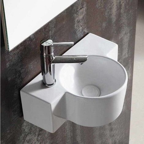 Rue Du Bain – Lave-main asymétrique gauche 40x28 cm – Céramique blanche sans trop-plein – Plage de robinetterie à gauche – Pour espaces réduits