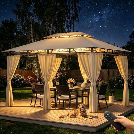 Gartenpavillon 3x4m wasserdicht mit Seitenwänden, Doppeldach, UV50+, Stahlrahmen, Beige (1/5)
