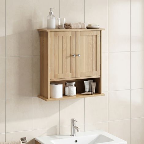 Meuble de salle de bains mural en MDF, aspect bois clair, double porte et niche ouverte, rangement pour serviettes et produits, surface hydrofuge facile à nettoyer – CHICFURN (1/5)
