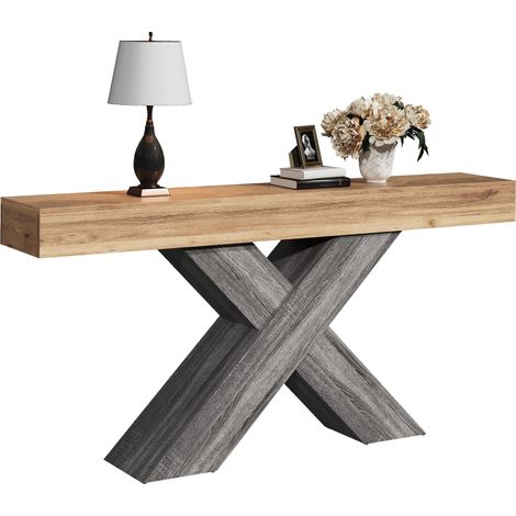 Console étroite à pieds en X, aspect bois, en panneaux de particules, idéale pour l'entrée ou le salon. (1/5)
