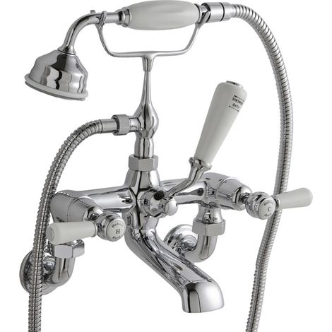 Old London Topaz White Lever Wall Mounted Chrome Bath Shower Mixer Tap and Shower Kit with Dome Collar - BC304DLWM (1/2)