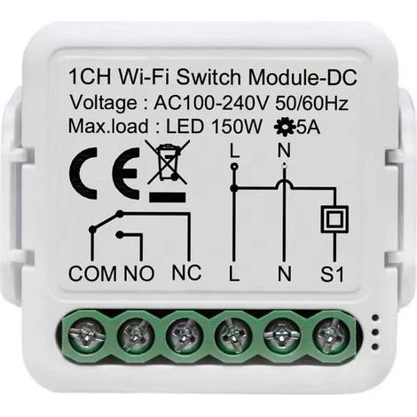 Module Relais WiFi 1 Canal Tuya, Commutation AC 100-240V DC 12/24V, Compatible avec Alexa Google Home, Boîtier Rail DIN (1/5)