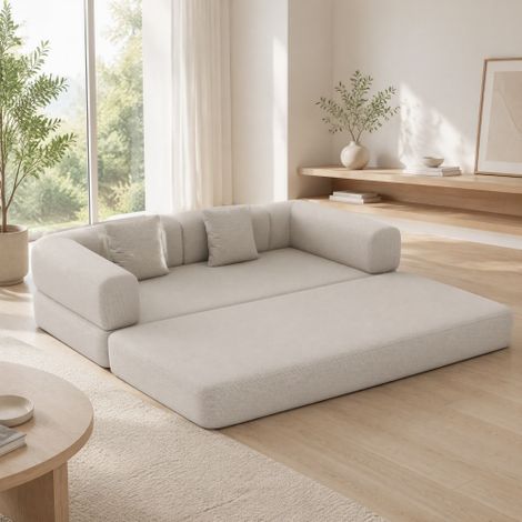 Canapé-lit convertible avec coussin cylindrique, canapé en velours côtelé avec matelas pliable et structure fixe, canapé de sol pour salon, chambre ou studio (blanc cassé) (1/5)