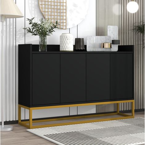 Aparador de 4 puertas en negro con tablero MDF y estructura metálica, 120x30x80 cm, estantes ajustables (1/5)