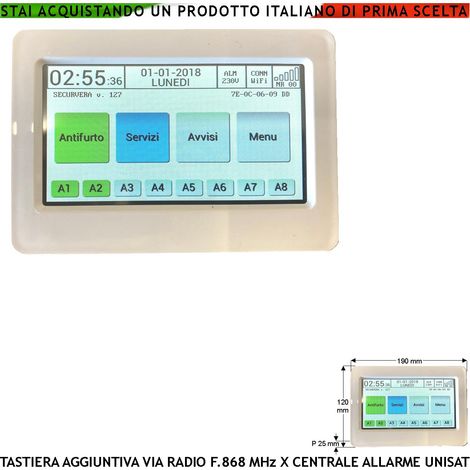 Tastiera Radio Touch Screen Monitor LCD 4,3 Pollici Icone a Colori Frequenza 868 MHz Supplementare della Centrale Unisat Max 8 La Gestione è la Stessa Delle APP Comandi Per Domotica Fissaggio a Parete (1/4)
