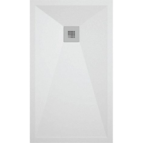 Mineralguss-Duschwanne extra flach ONDA Schieferoptik WEIß 100x100 cm Ablaufschutz in Chrom