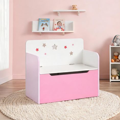 Rangement jouets enfant banc coffre MDF assise dossier rose (1/5)