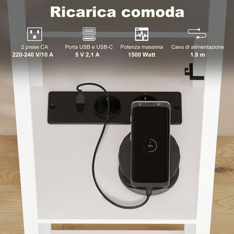 Lampadaire sur pied blanc avec étagères, lumière ajustable, interrupteur à pédale et ports USB