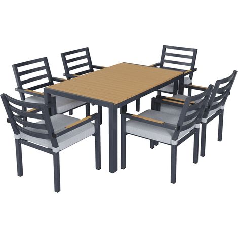 Ensemble repas de jardin, ensemble de meubles de jardin, pour 6 personnes, composé de 1 table et 6 chaises, fer galvanisé, plateau en bois plastique, gris (1/5)