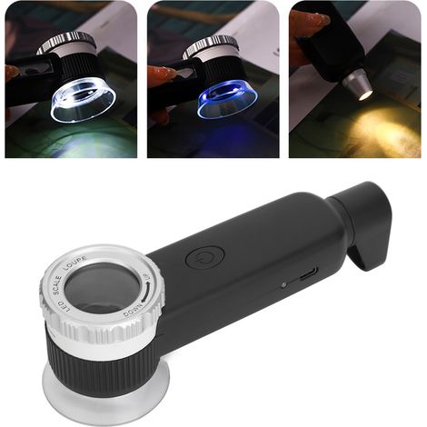 TH-8019 x30 Vergrößerungslupe, wiederaufladbare USB-Taschenlupe mit drei Lichtquellen: 3 weiße LEDs, 1 gelbe Hochleistungslampe und 3 UV-Lampen (1/5)