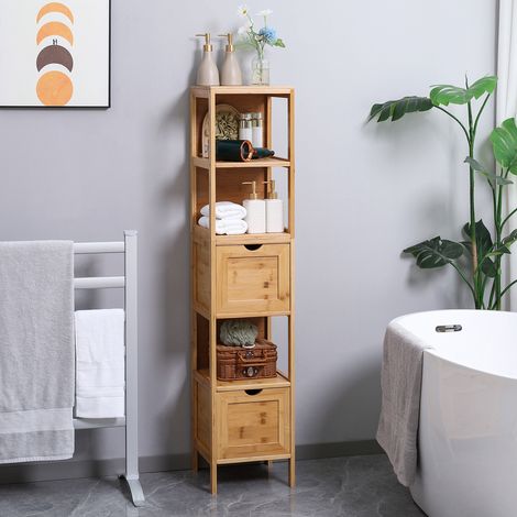Mueble de baño Kleankin, 3 estantes, 2 cajones, bambú, 30 cm x 30 cm x 140 cm, natural (1/5)