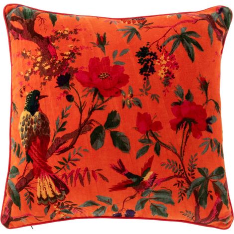 Coussin Déco en Velours "Oiseaux Fleurs" 45x45cm Orange (1/3)