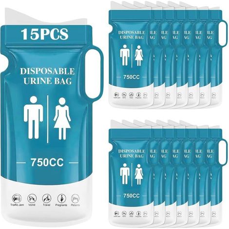15 Pièces Sacs à Urine Jetable, 750ml Urinoir Femme Portable avec Poignée, Portables Sacs à Pot de Chambre Adulte, Sac a Vomi pour Homme Enfant pour Le Camping, Voyages, embouteillages (1/5)