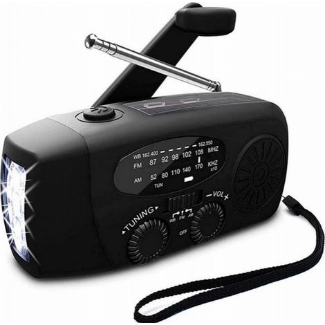 Radio d'urgence portable - Batterie externe 2000 mAh - Lampe torche - Remontage solaire - Kit de secours - Plastique - Noir (1/3)